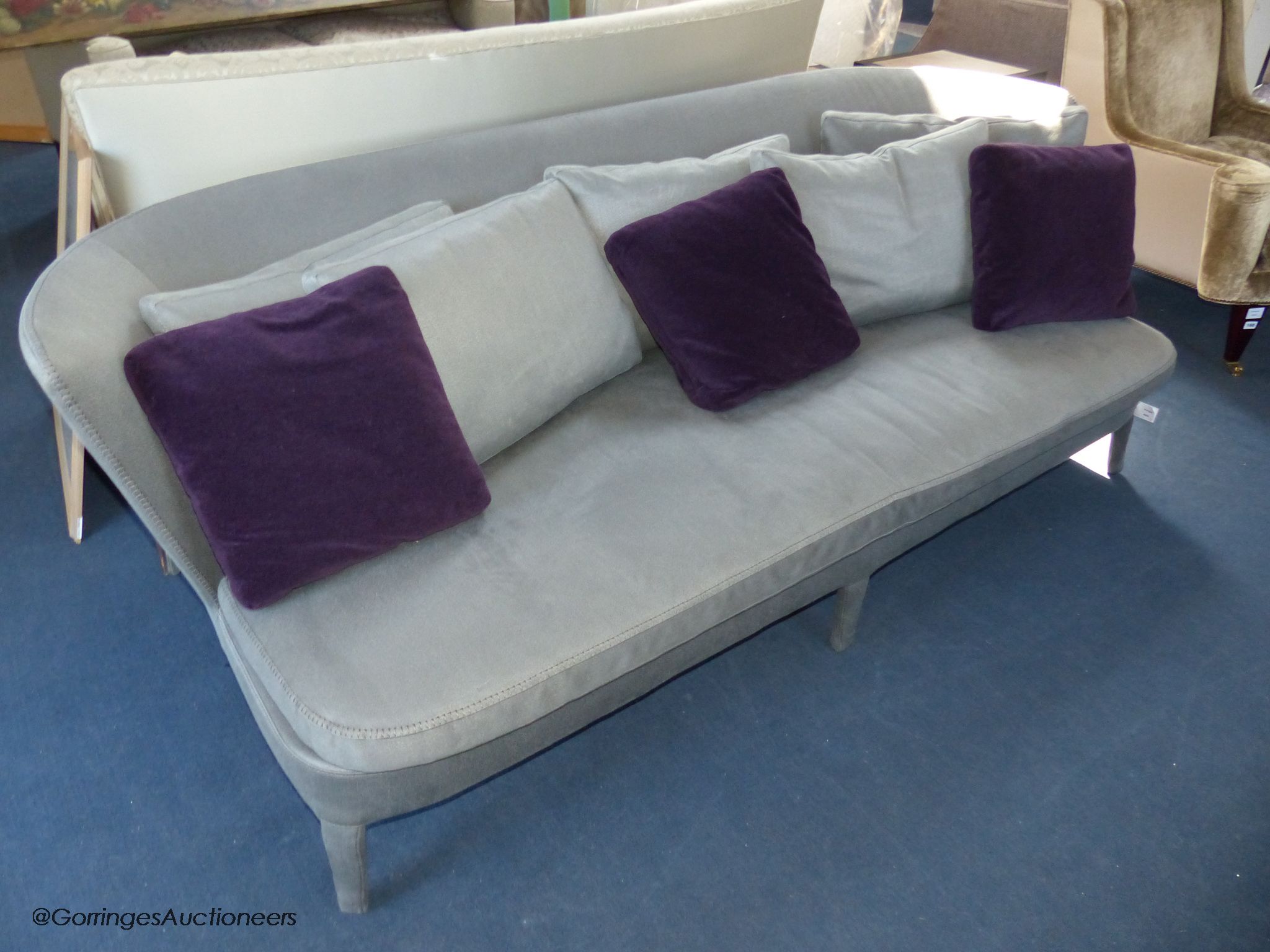 A pair of Maxalto Febo grey fabric sofas designed by Antonio Citterio, 222 cm wide, various scatter cushions